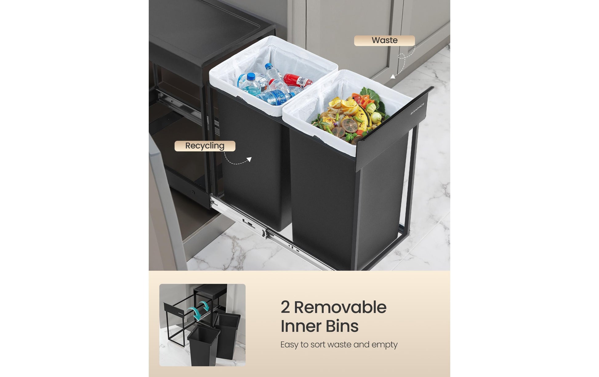 Songmics Systempapierkorb – 30 l – Stahl/Kunststoff, rechteckig – 2-fach – schwarz