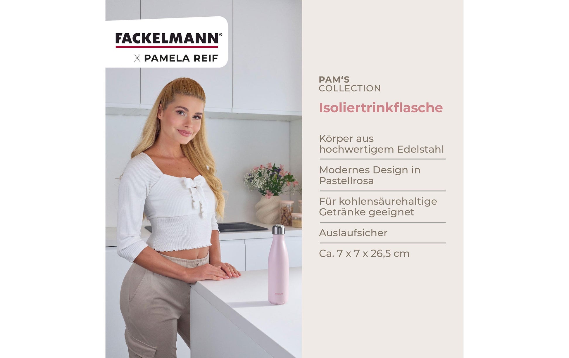 Fackelmann Pamela Reif Isolierflasche 500 ml – Doppelwandig 6 h Heiss/24 h Kalt, Edelstahl, Schraubdeckel