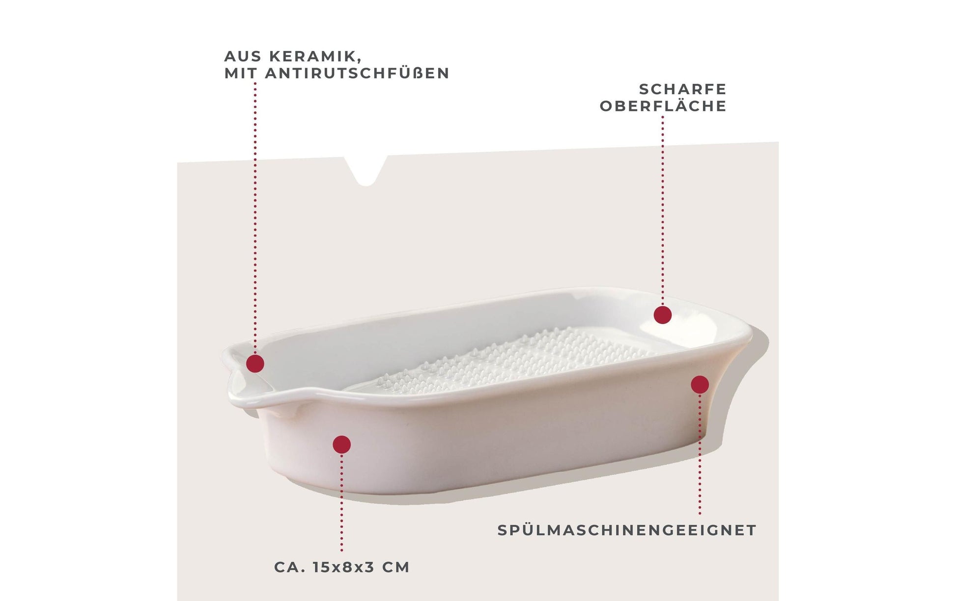 Fackelmann Küchenreibe 15,3 × 8,3 × 3 cm, Keramik, Weiss