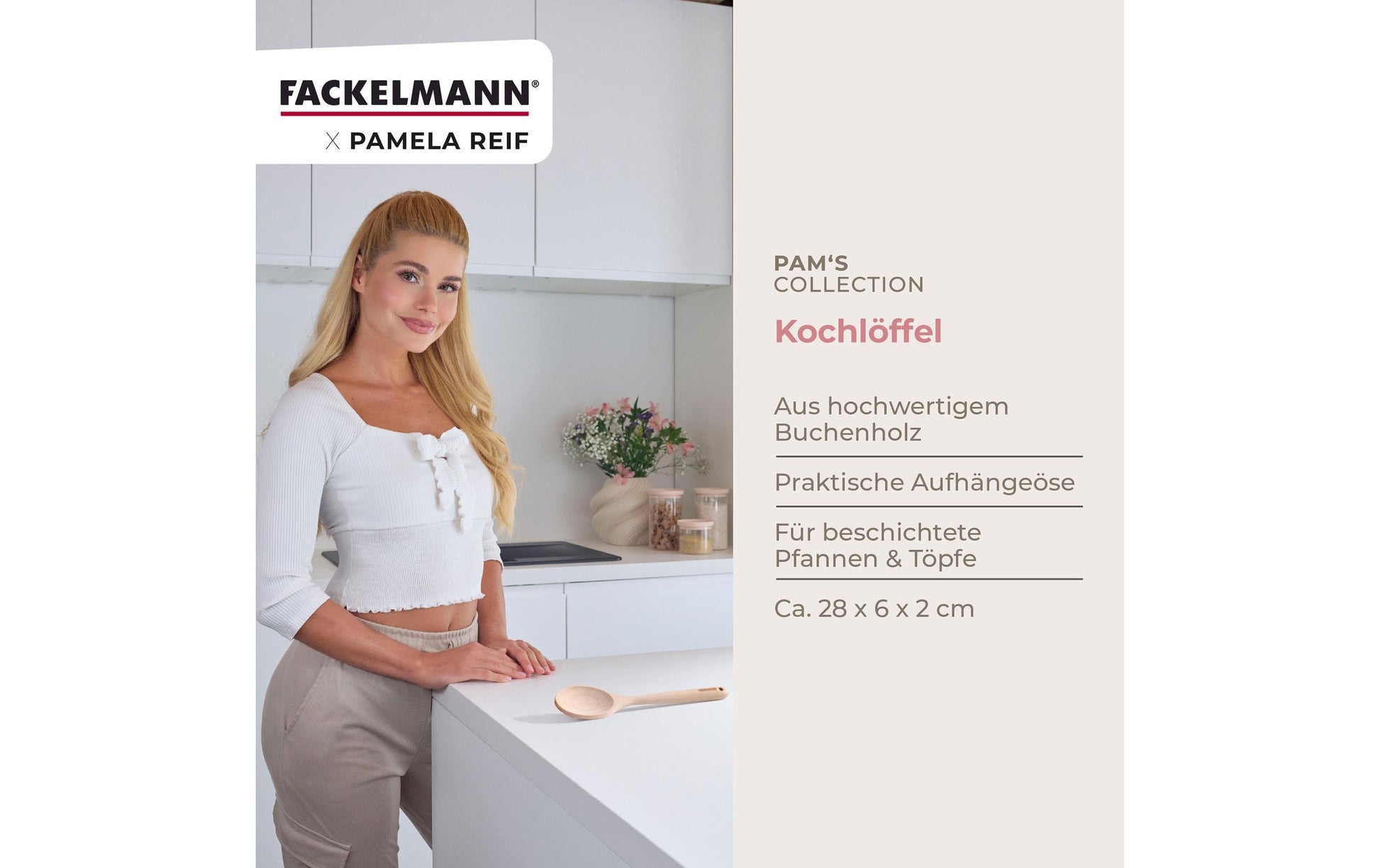 Fackelmann Pamela Reif – Kochlöffel, 28 × 6,2 × 2 cm, Buchenholz, Hellbraun