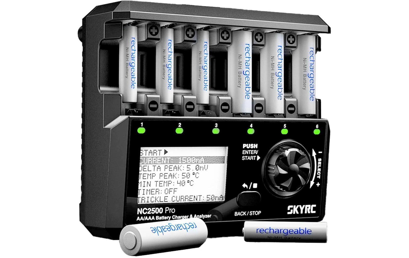 SkyRC NC2500 Pro Batterieladegerät 6× 18 W – für AA/AAA, NiMH, NiCd – LCD, QC 3.0, 12 V DC