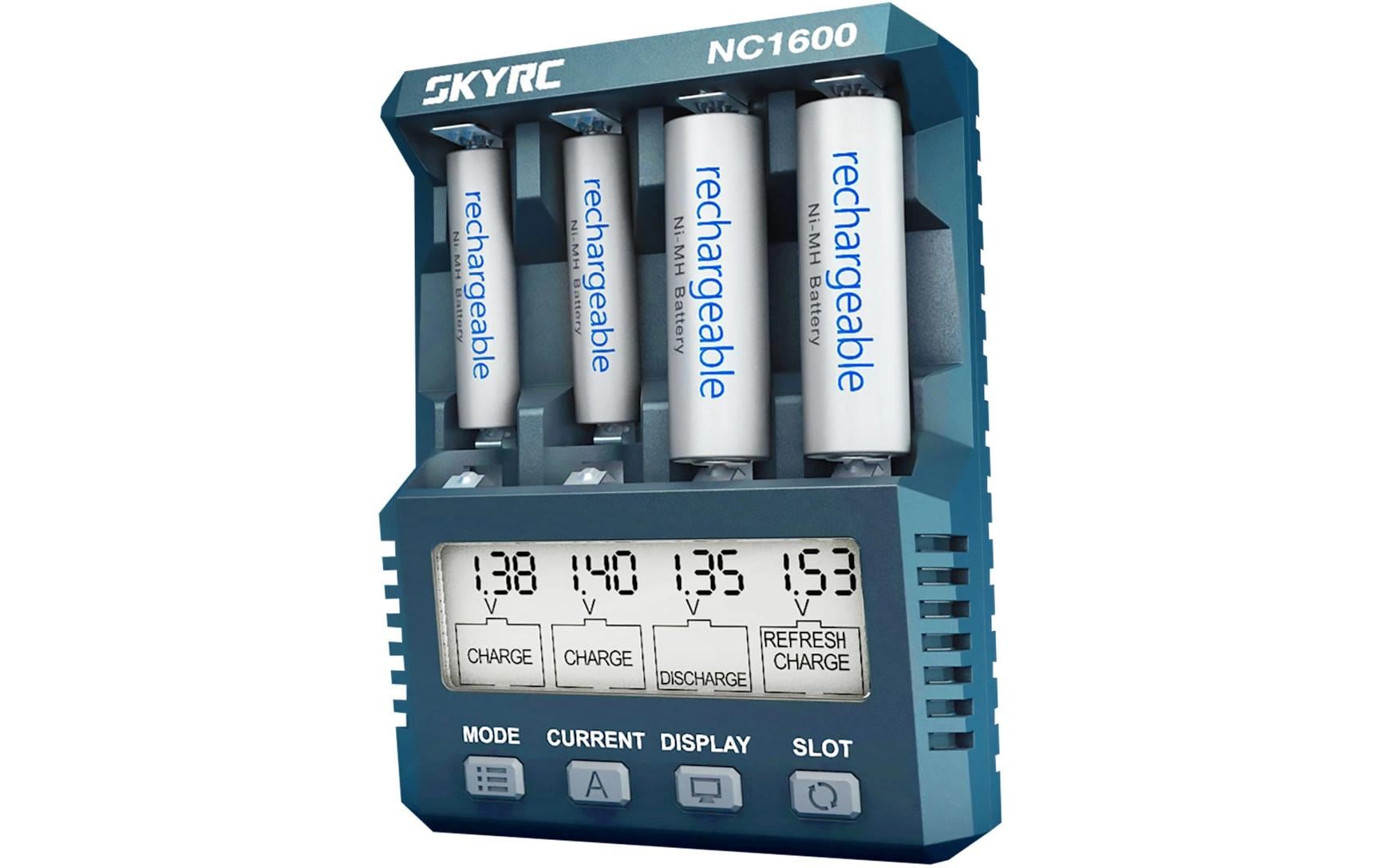 SkyRC NC1600 Batterieladegerät 4× – für NiMH/NiCd AA/AAA – LCD, USB-C 5 V, 1,6 A