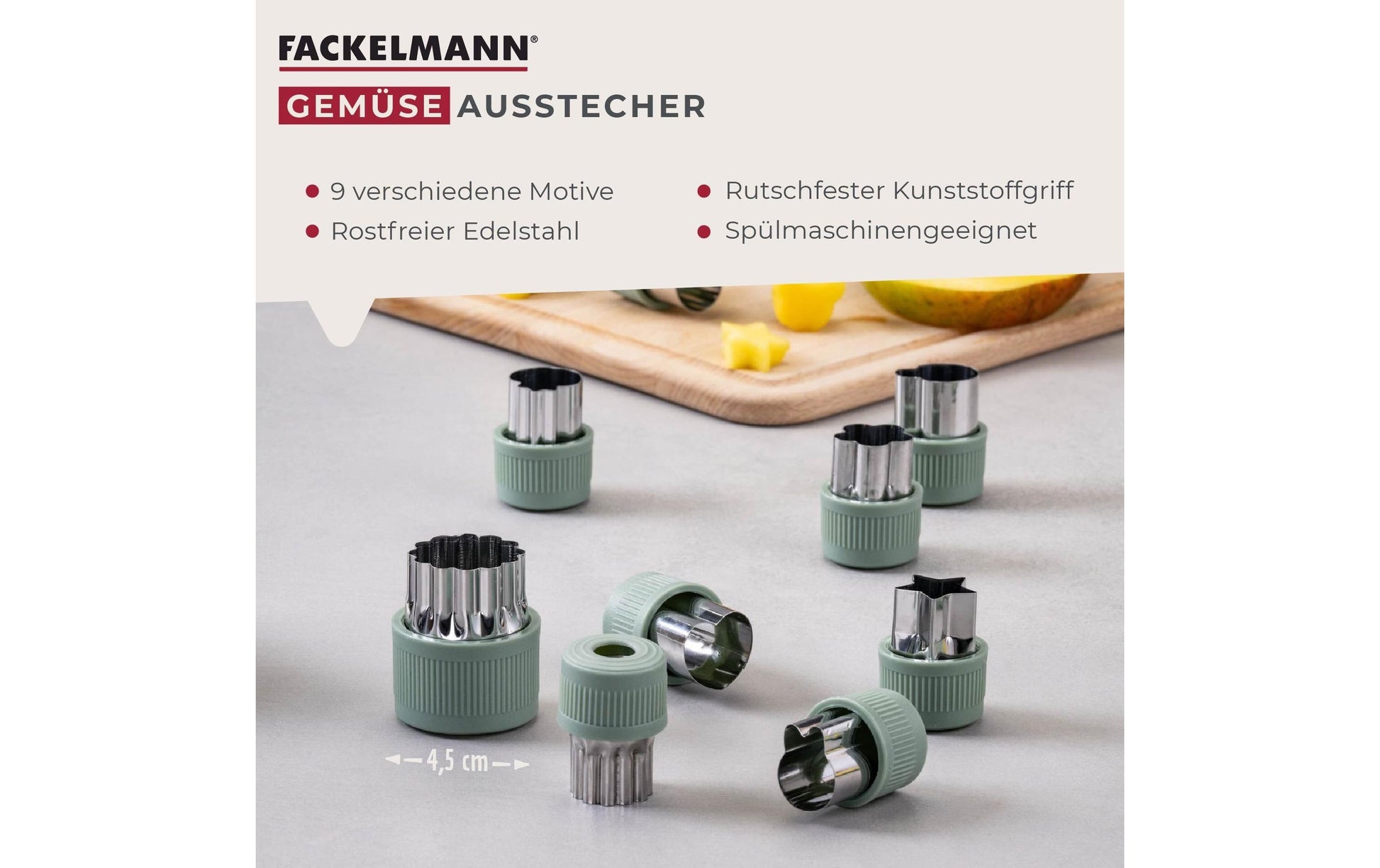 Fackelmann Gemüseausstecher 9-teilig, Edelstahl 18/0/Kunststoff, Graugrün