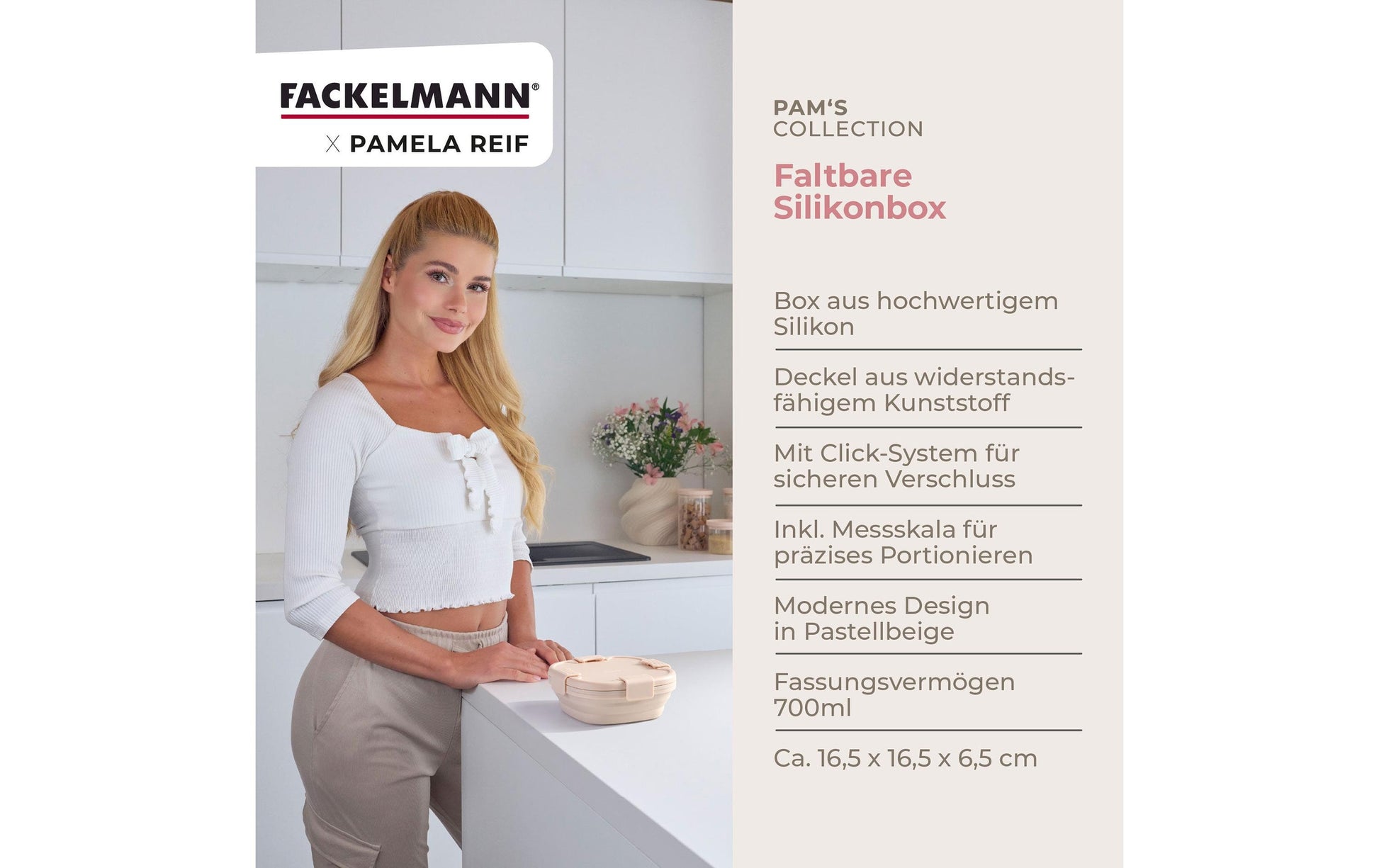 Fackelmann Lunchbox 700 ml, 17 × 17 × 7 cm, Kunststoff/Silikon, beige