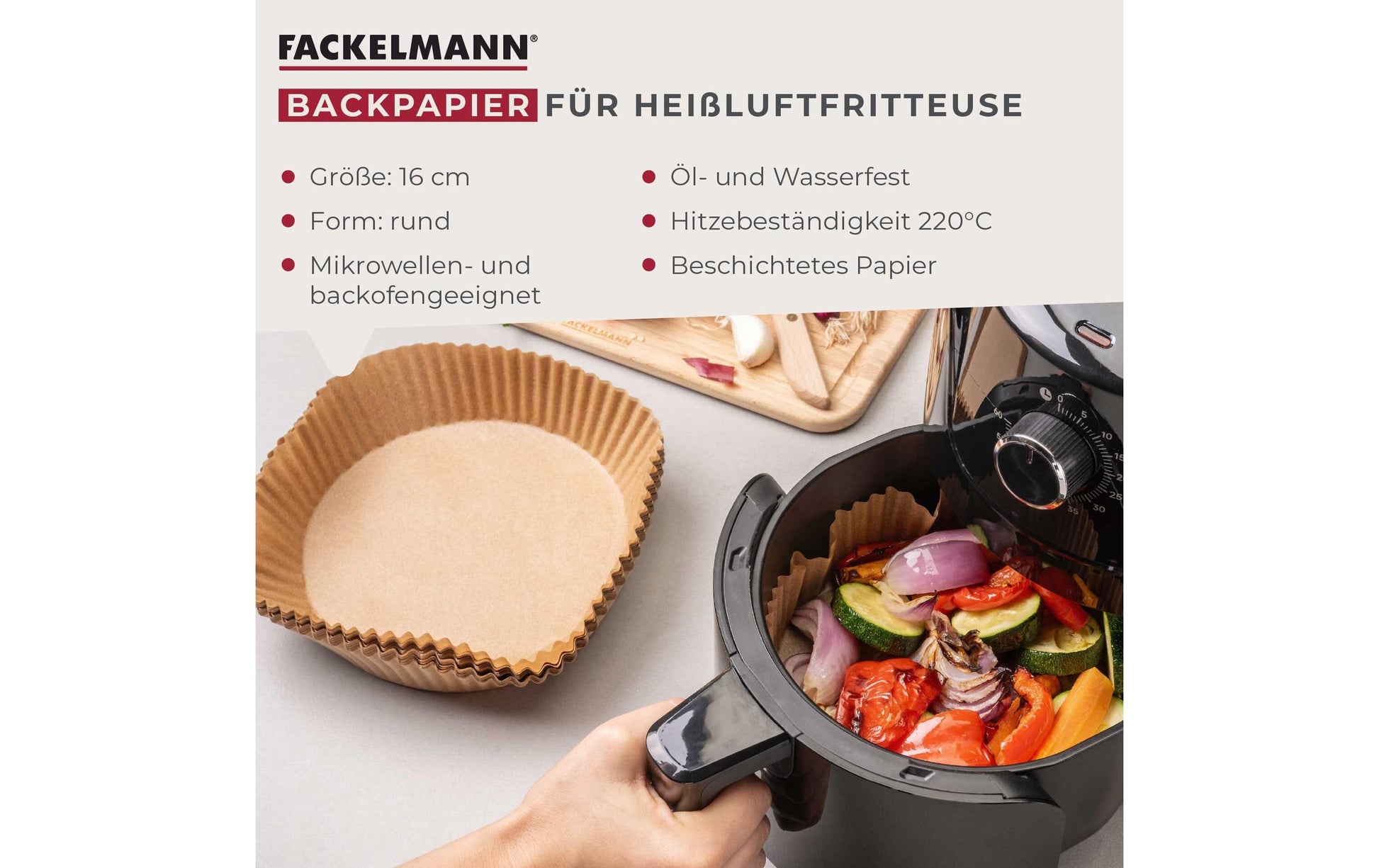 Fackelmann Backpapier-Schalen für Heissluftfritteusen – Ø 16 cm, 40 Stk.