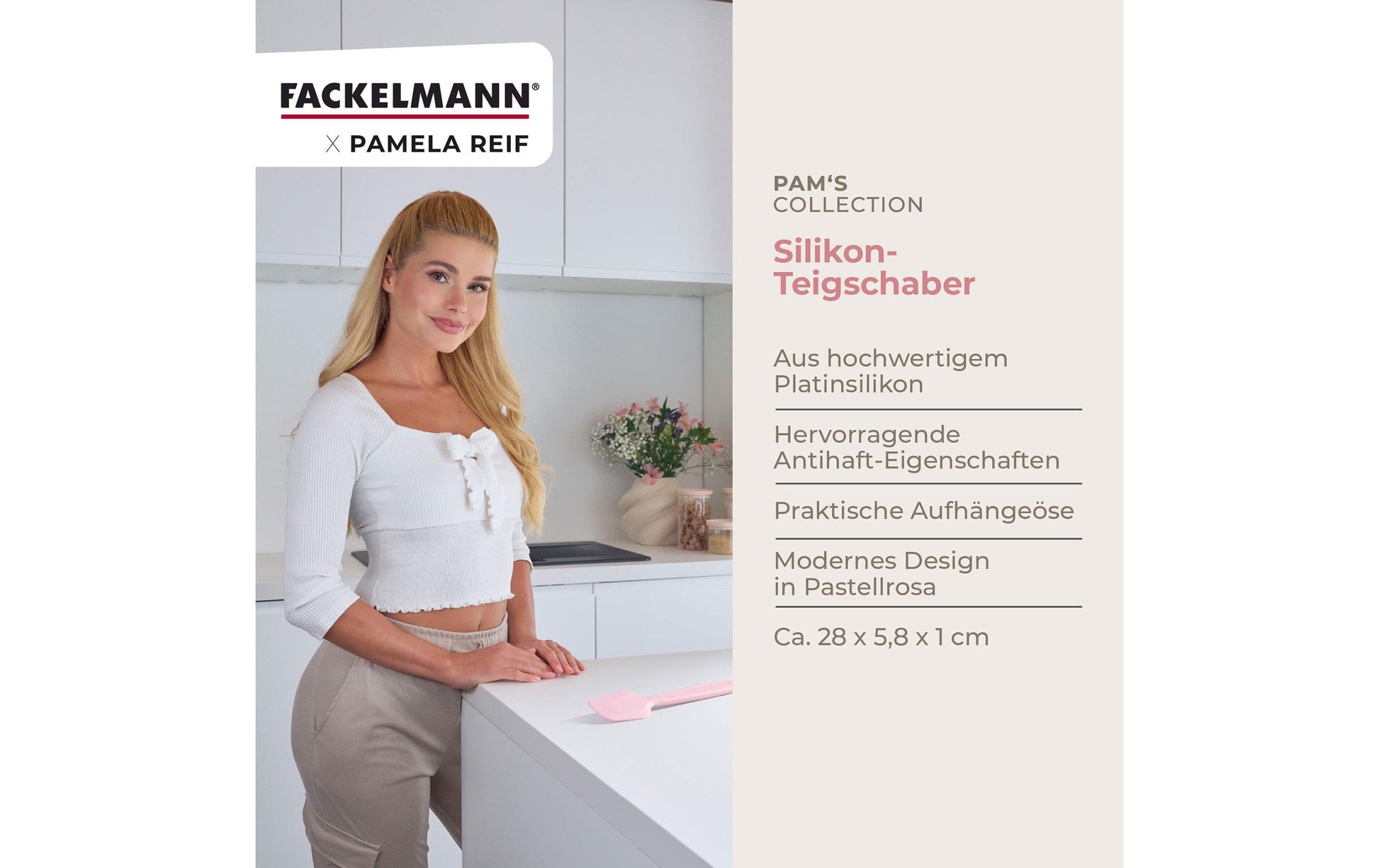 Fackelmann Teigschaber 5,8 × 28 × 1 cm, Silikon, Rosa, spülmaschinenfest