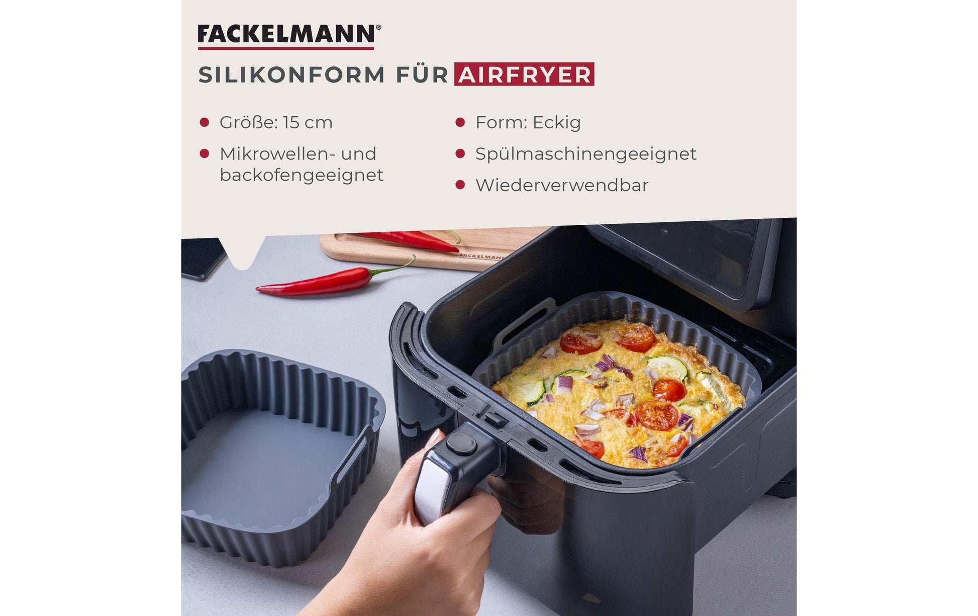 Fackelmann Silikonform für Heissluftfritteusen – 15 × 15 × 5 cm, Silikon, Grau