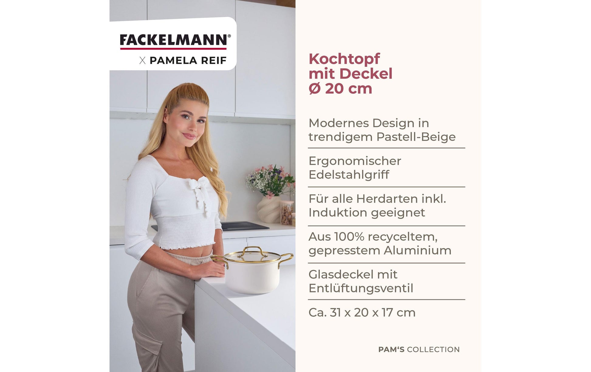 Fackelmann Kochtopf Pamela Reif – 3,4 l, Ø 20 cm, Aluminium, für Induktion, Gas, Glaskeramik und mehr