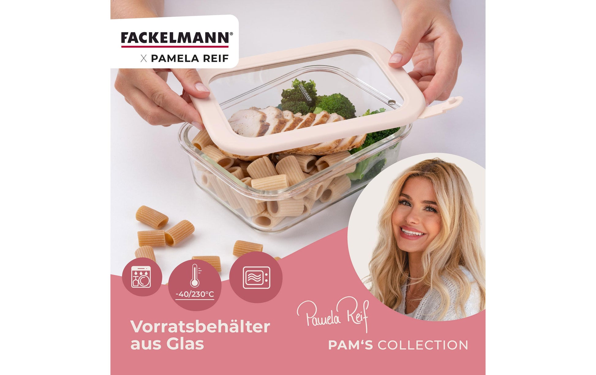Fackelmann x Pamela Reif – Vorratsdose 1,1 l, 15,5 × 20,5 × 6,5 cm, Glas/Silikon, Transparent/Beige