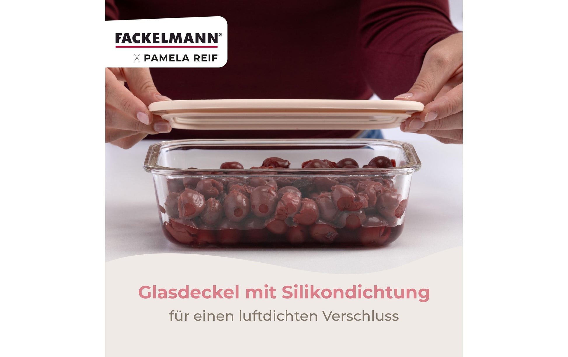 Fackelmann x Pamela Reif – Vorratsdose 1,1 l, 15,5 × 20,5 × 6,5 cm, Glas/Silikon, Transparent/Beige