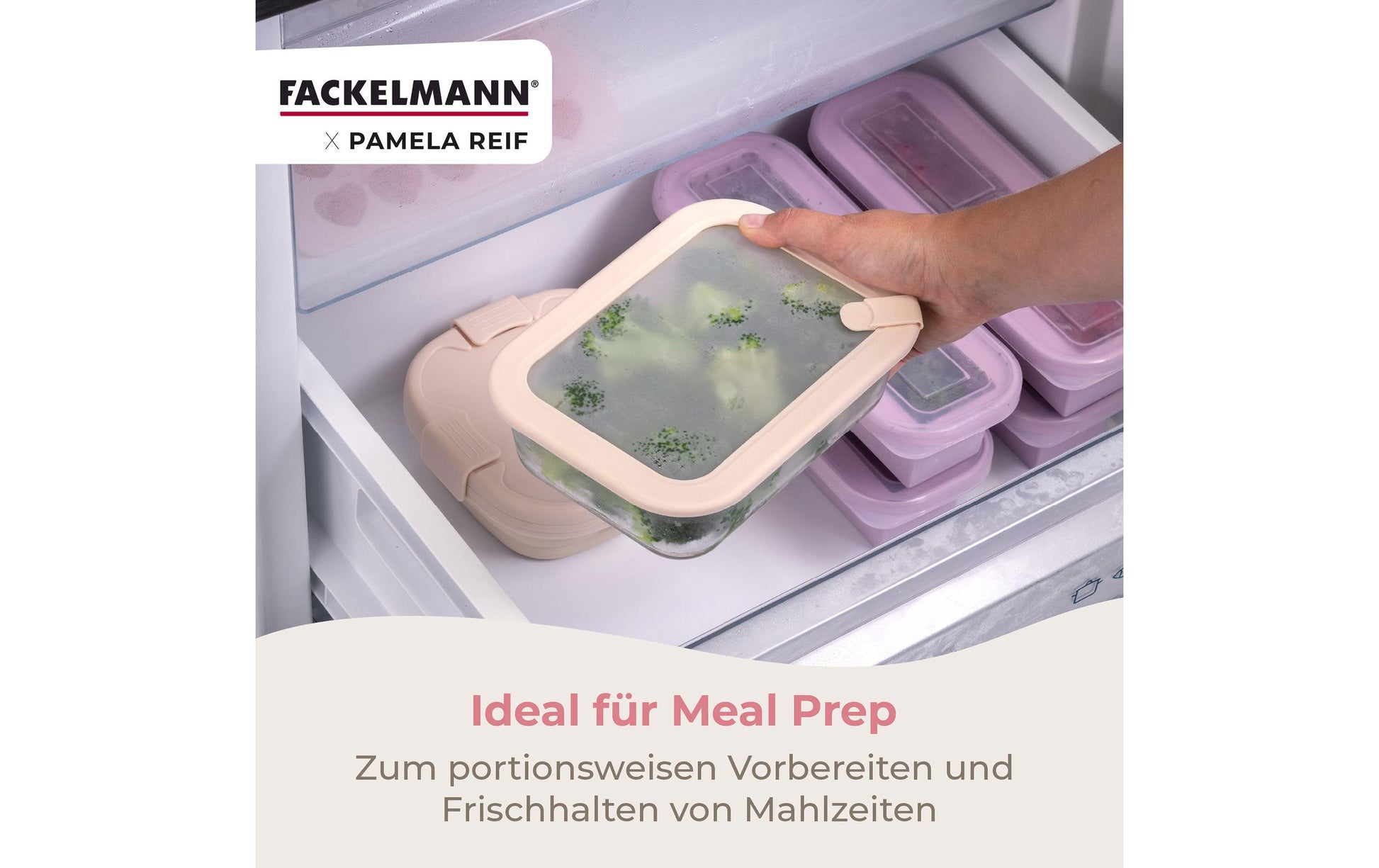 Fackelmann x Pamela Reif – Vorratsdose 1,1 l, 15,5 × 20,5 × 6,5 cm, Glas/Silikon, Transparent/Beige