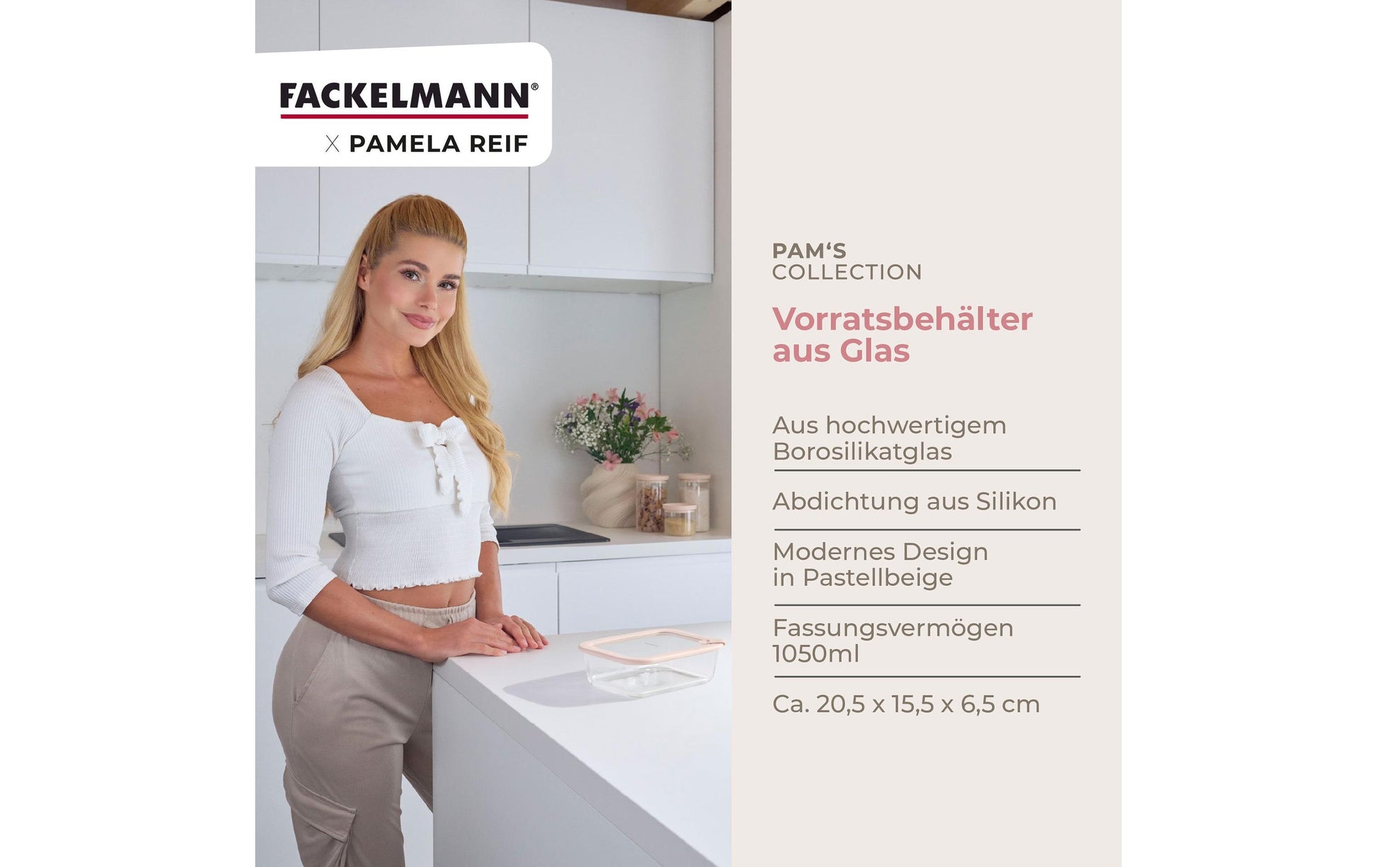 Fackelmann x Pamela Reif – Vorratsdose 1,1 l, 15,5 × 20,5 × 6,5 cm, Glas/Silikon, Transparent/Beige