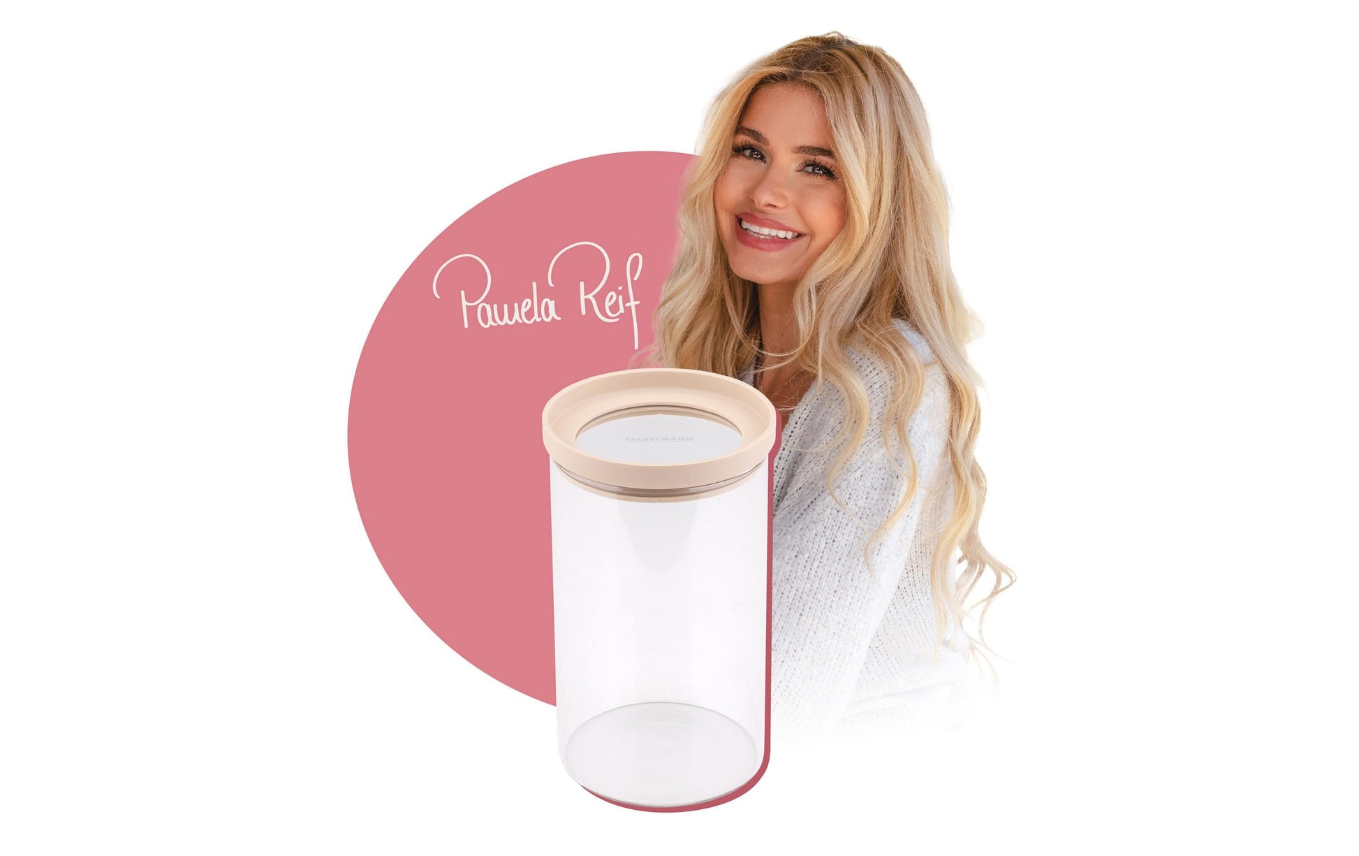 Fackelmann x Pamela Reif – Vorratsdose 1 l, 10 × 10 × 17 cm, Glas/Silikon, Transparent/Beige
