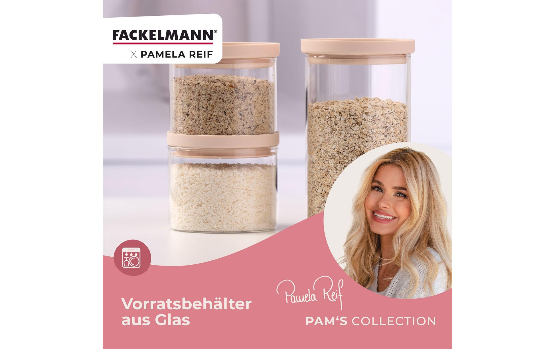Fackelmann Vorratsdose 500 ml, 10 × 10 × 9 cm, Glas/Silikon, Transparent/Beige