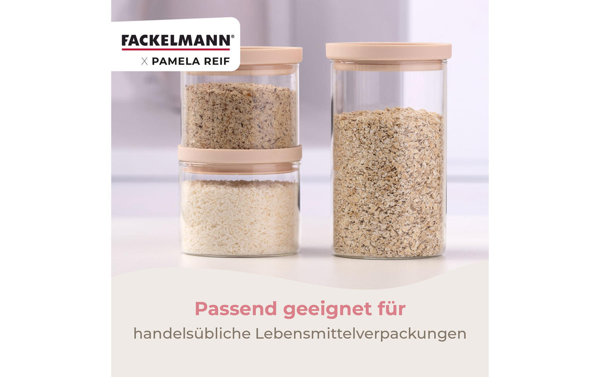 Fackelmann x Pamela Reif – Vorratsdose 1 l, 10 × 10 × 17 cm, Glas/Silikon, Transparent/Beige