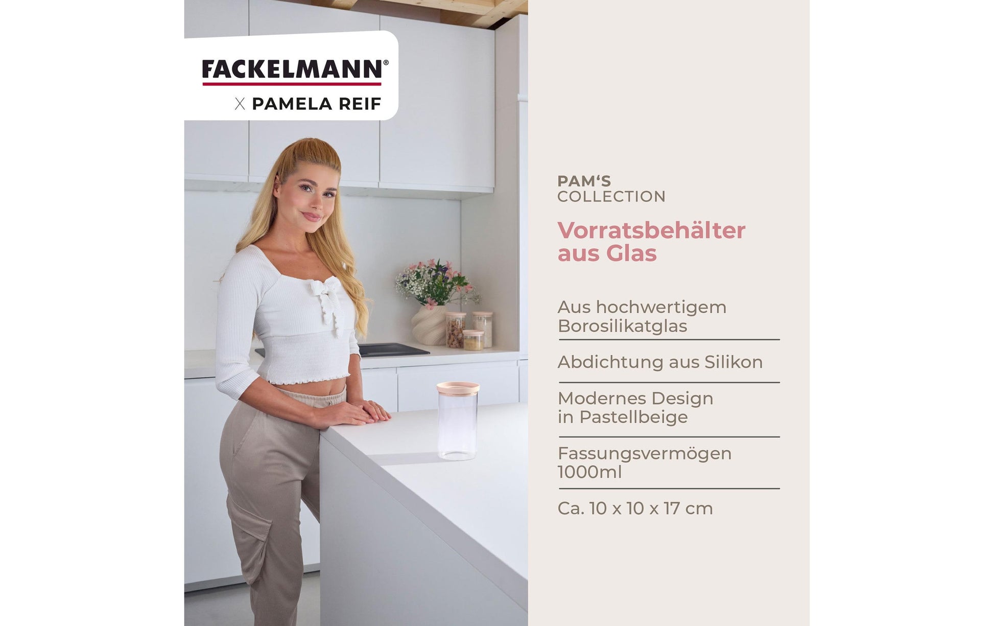 Fackelmann x Pamela Reif – Vorratsdose 1 l, 10 × 10 × 17 cm, Glas/Silikon, Transparent/Beige