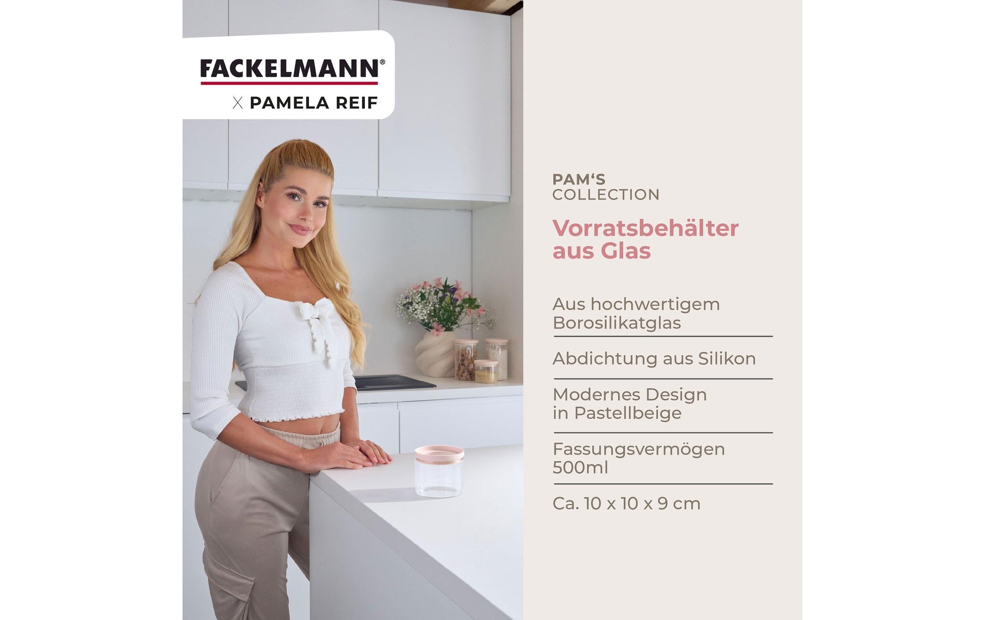 Fackelmann Vorratsdose 500 ml, 10 × 10 × 9 cm, Glas/Silikon, Transparent/Beige