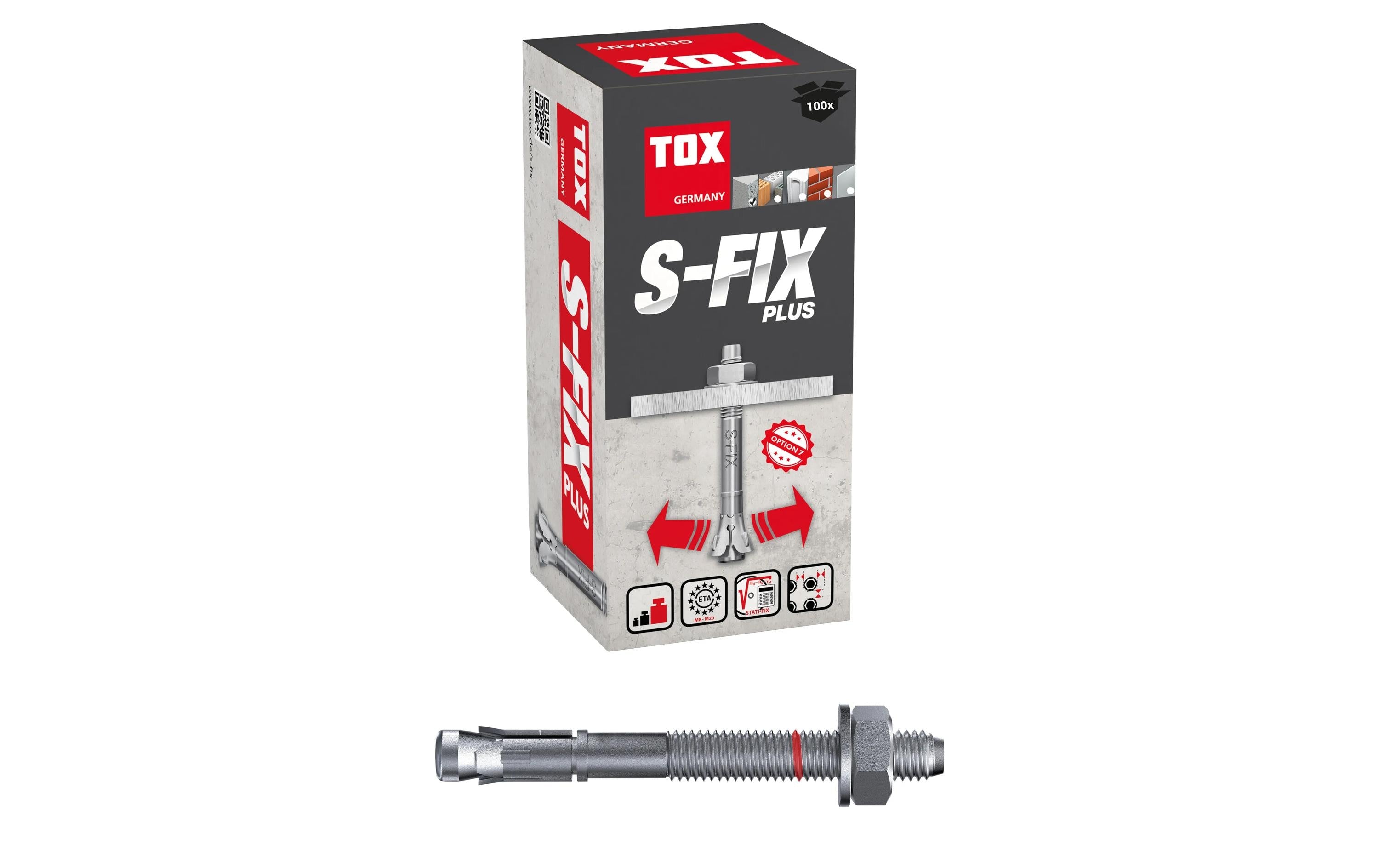 Tox-dübel Bolzenanker S-Fix Plus – Ø 8 × 60 mm, Stahl, verzinkt, 100 Stk.