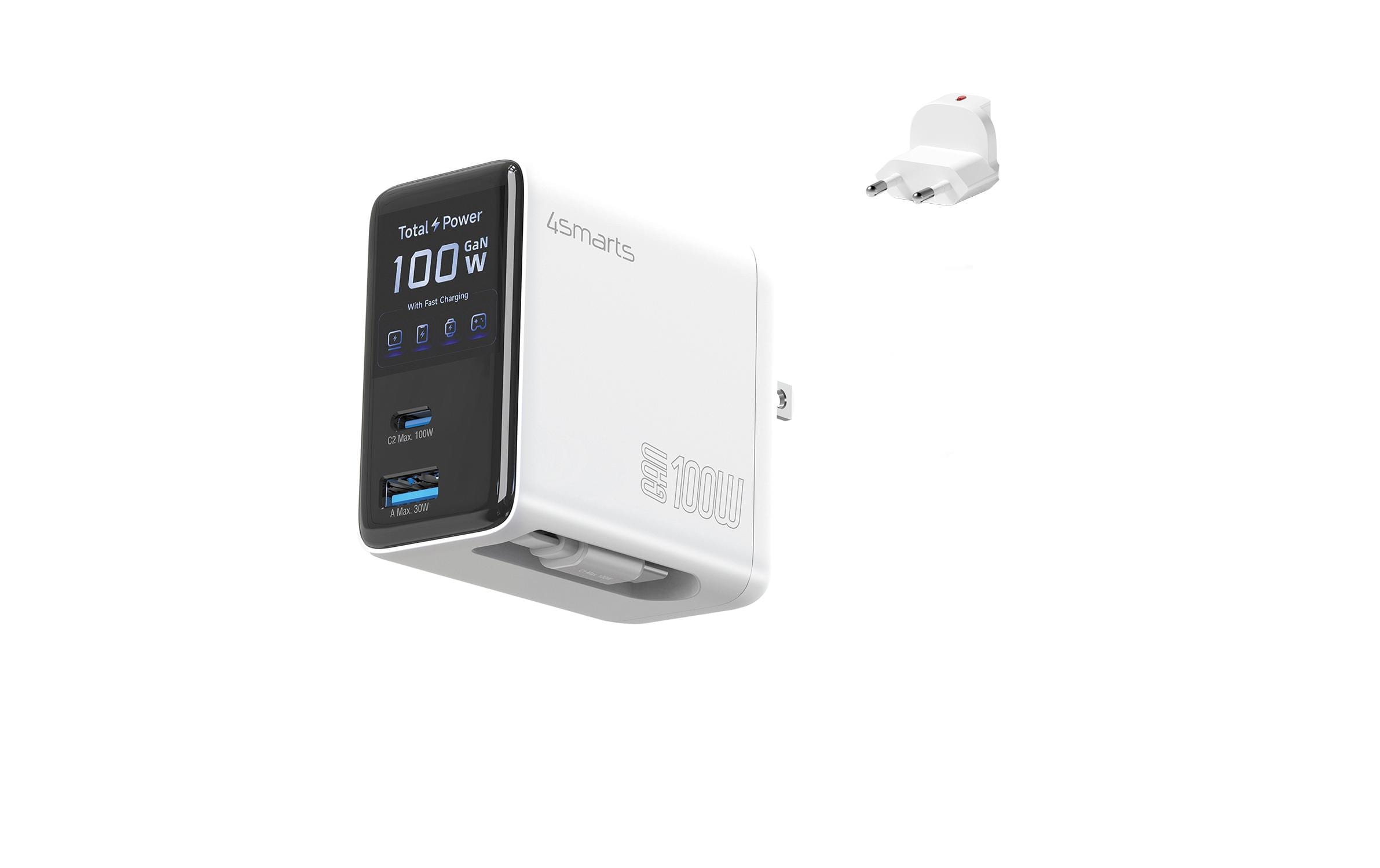 4smarts Flex Screen AI USB-Desktop-Ladegerät 100 W – USB-C×2 (1×100 W), USB-A×1 – GaN – Weiss