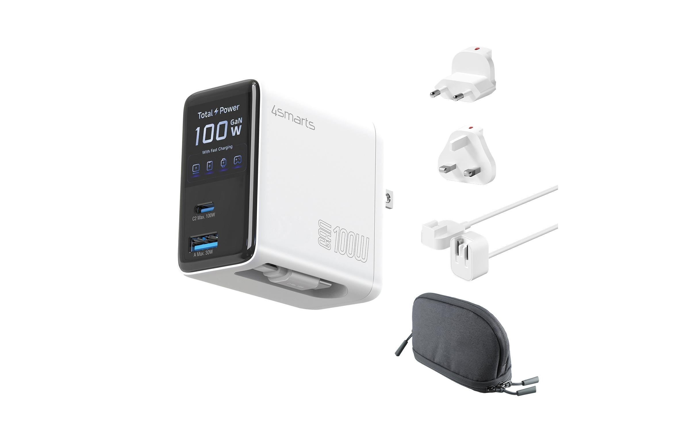 4SMARTS Flex Screen AI USB Wandladegerät 100 W – USB-C×2, USB-A×1 – GaN – Weiss