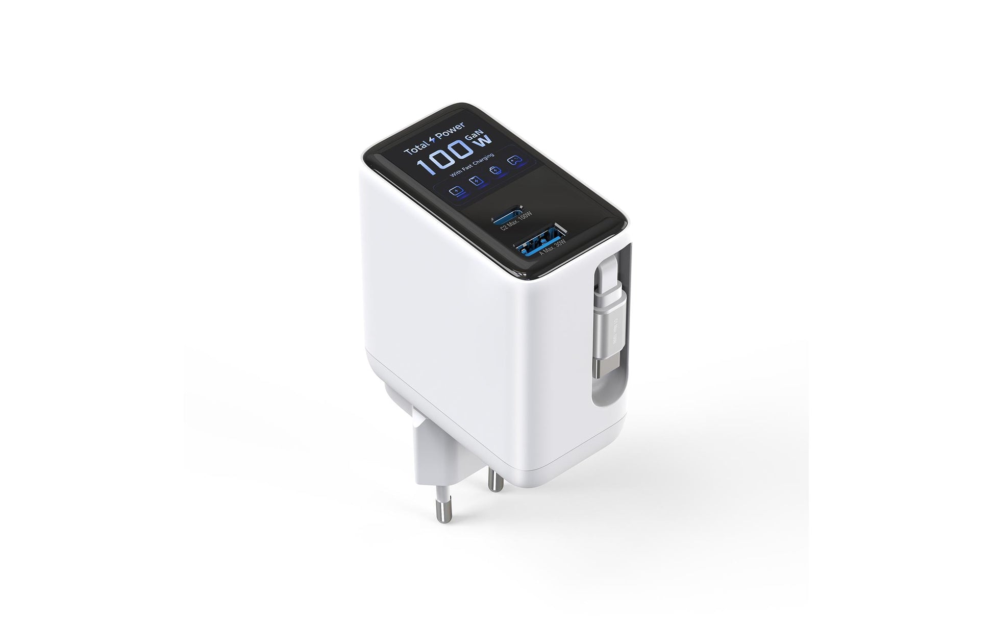 4SMARTS Flex Screen AI USB Wandladegerät 100 W – USB-C×2, USB-A×1 – GaN – Weiss