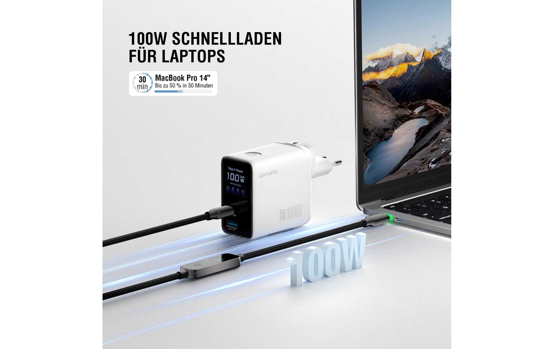4smarts Flex Screen AI USB-Desktop-Ladegerät 100 W – USB-C×2 (1×100 W), USB-A×1 – GaN – Weiss