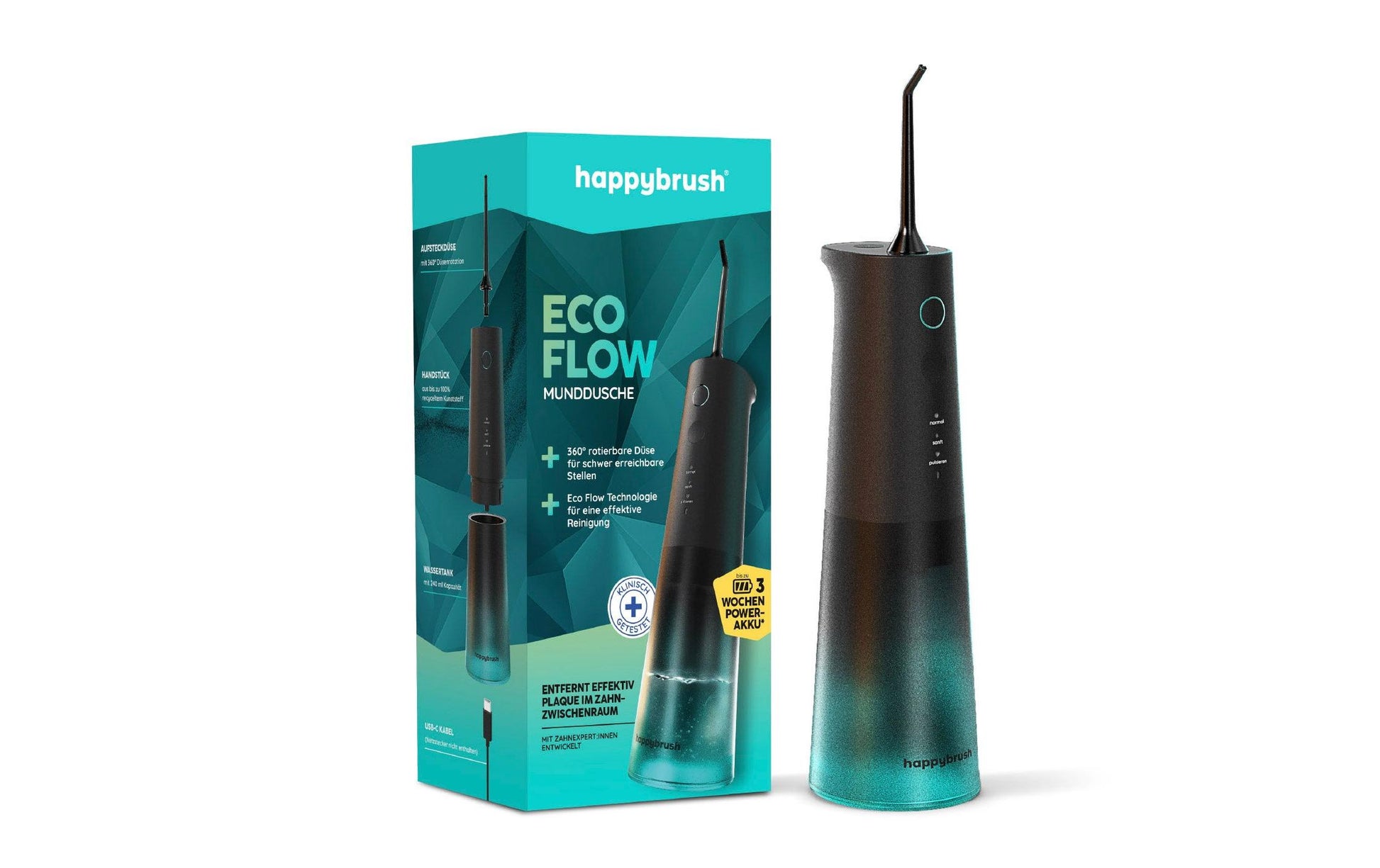 Happybrush Munddusche – 3 Stufen, USB – 240 ml – Grün, Schwarz
