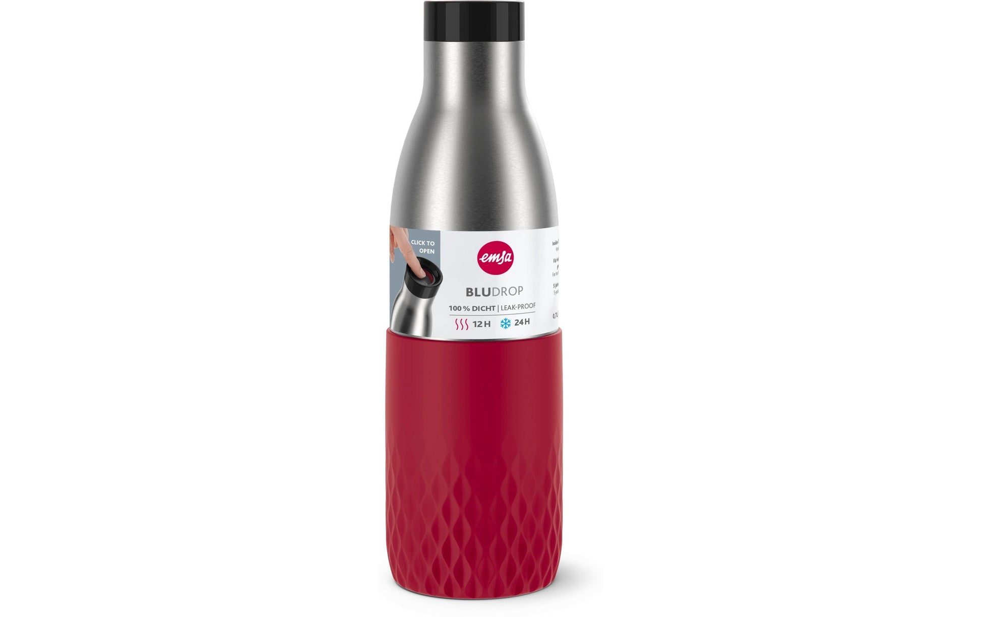 Emsa Bluedrop Isolierflasche 700 ml – Doppelwandig 12 h Heiss / 24 h Kalt, Edelstahl, Druckknopfdeckel