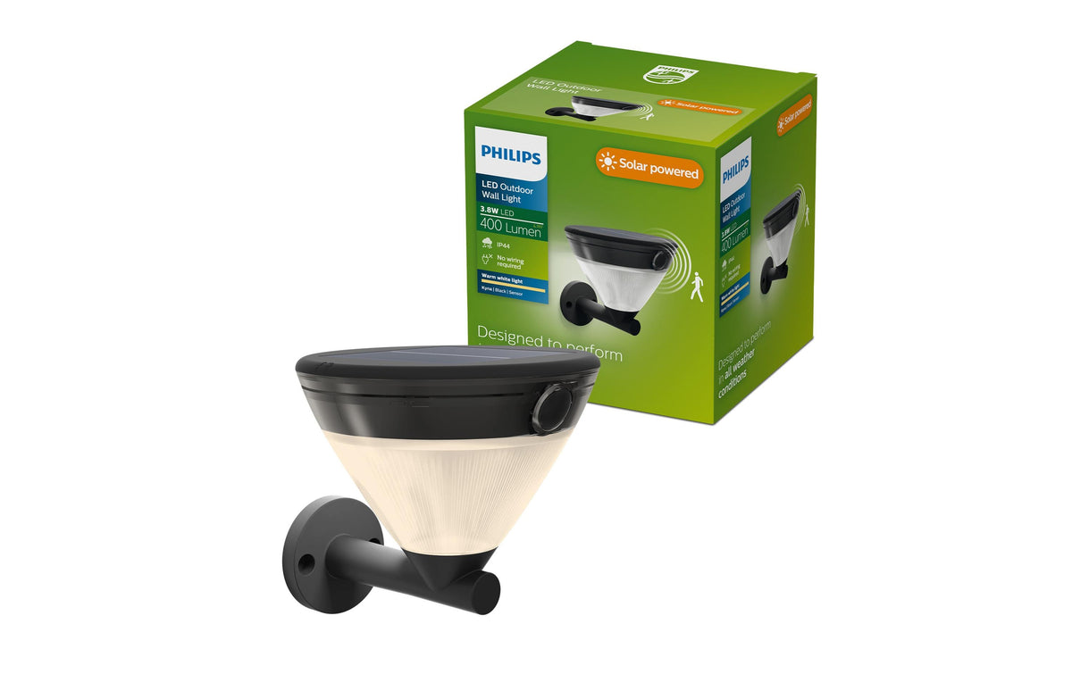 Philips by Signify Philips Aussenwandleuchte – Warmweiss, 2700 K, IP44, Netzbetrieb, mit Bewegungsmelder, Schwarz, Kunststoff