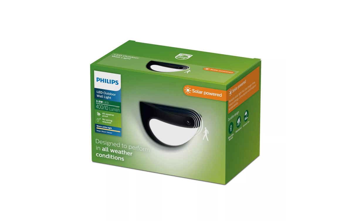 Philips by Signify Philips Aussenwandleuchte – Warmweiss, 2700 K, IP44, Netzbetrieb, mit Bewegungsmelder, Schwarz, Kunststoff