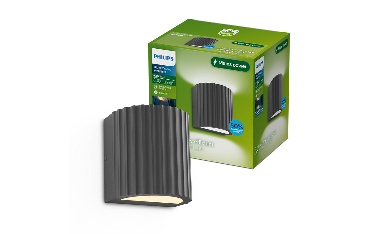 Philips by Signify Philips Aussenwandleuchte – 800 lm, 8,6 W – Warmweiss, 2700 K – IP44 – Netzbetrieb – Anthrazit – Aluminium