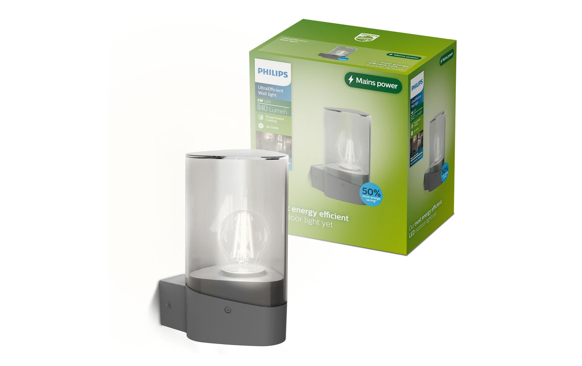 Philips by Signify Philips Aussenwandleuchte – 14,8×21,5 cm – 840 lm, 4 W – Warmweiss, 2700 K – IP44 – Netzbetrieb – Grau – Aluminium