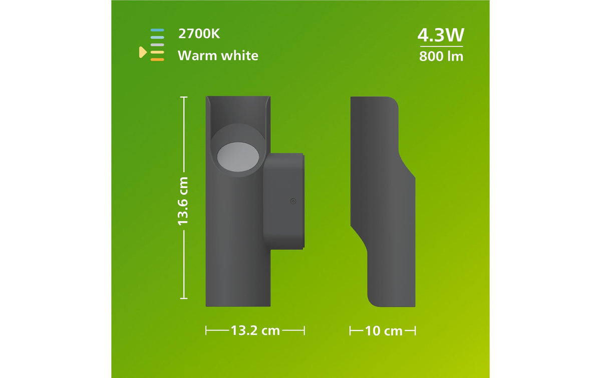 Philips by Signify Philips Aussenwandleuchte – 800 lm, 8,6 W – Warmweiss, 2700 K – IP44 – Netzbetrieb – Anthrazit, Aluminium