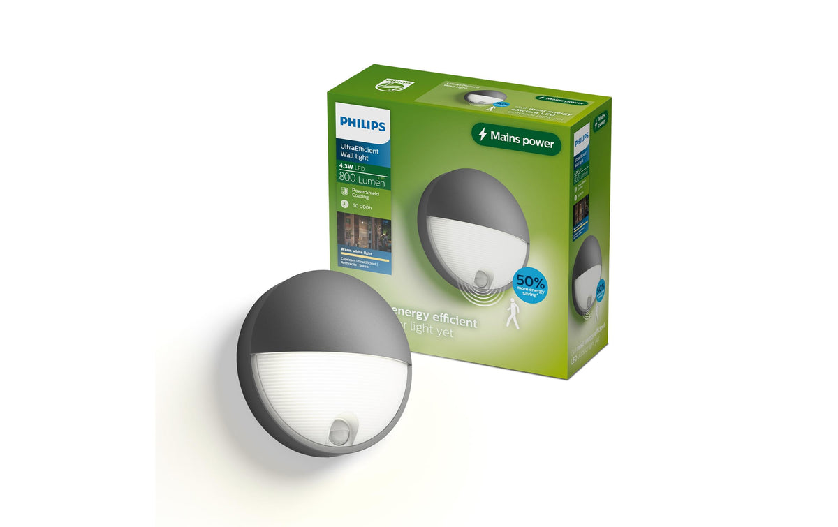 Philips by Signify Philips Aussenwandleuchte – 800 lm, 4,3 W, Warmweiss, 2700 K – IP44 – Netzbetrieb – mit Bewegungsmelder