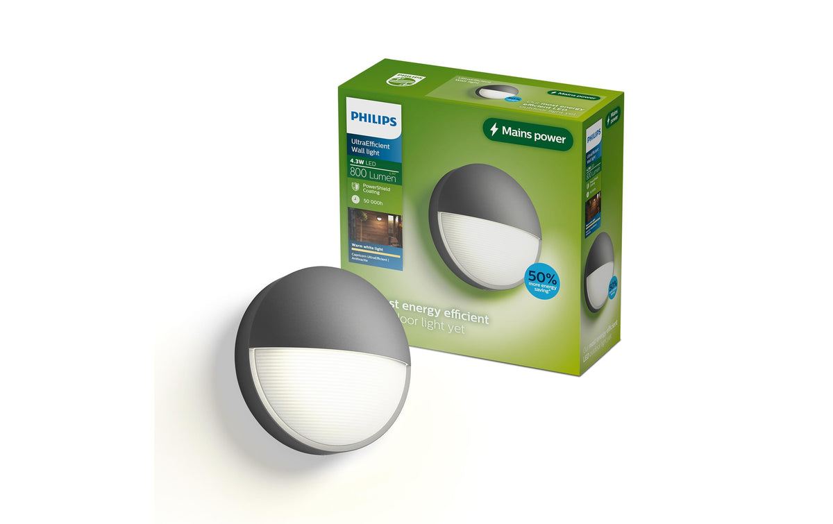 Philips by Signify Philips Aussenwandleuchte – 800 lm, 4,3 W – Warmweiss, 2700 K – IP44 – Netzbetrieb – Anthrazit – Aluminium