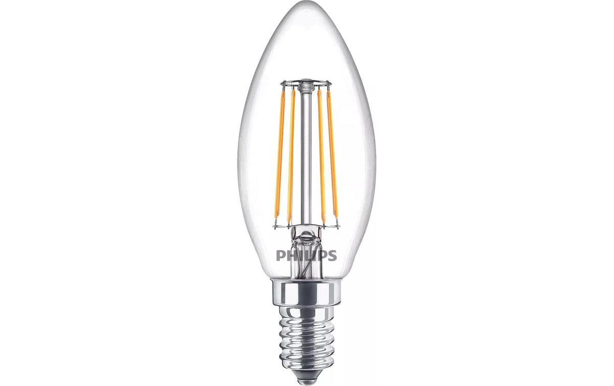 Philips by Signify Philips LED-Leuchtmittel E14 Kerze – Warmweiss 2700 K, 470 lm, 3,4 W, 300° – Transparent, Glas