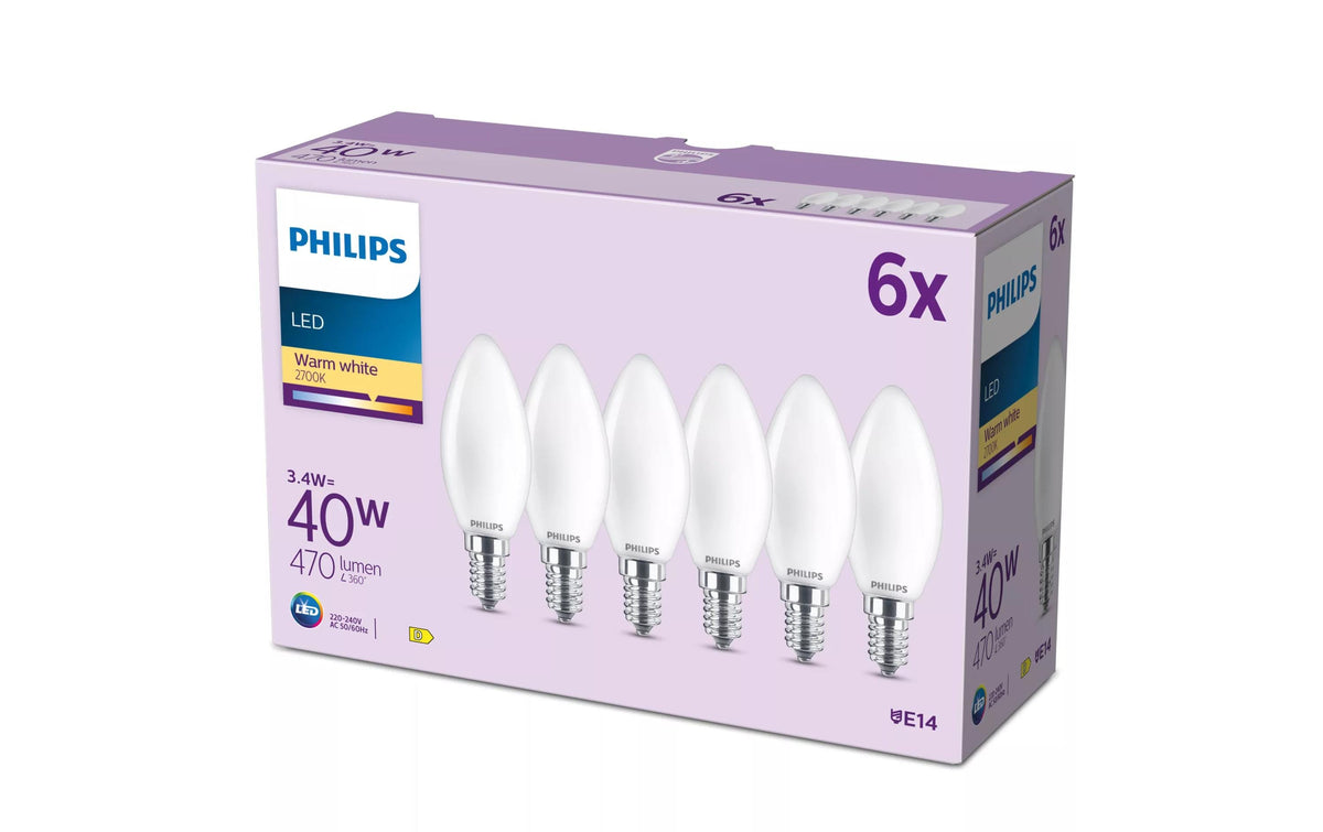 Philips by Signify Philips LED-Leuchtmittel E14 B35 Kerze – Warmweiss 2700 K, 470 lm, 3,4 W – 6 Stk., Gefrostet, Glas