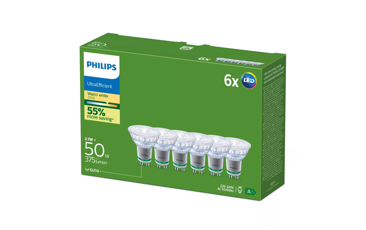 Philips by Signify Philips LED-Leuchtmittel GU10 Reflektor – Warmweiss 2700 K, 375 lm, 2,1 W, 36° – 1 Stk. – Transparent, Glas