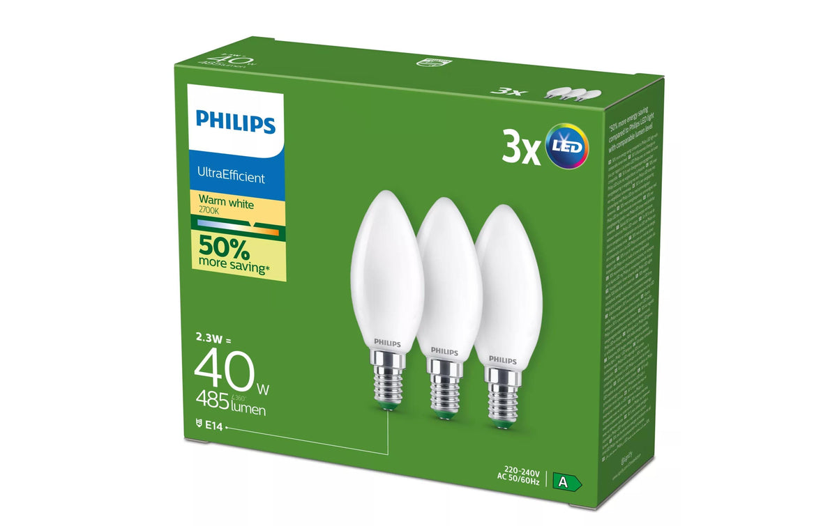 Philips by Signify Philips Leuchtmittel E14 Kerze B35 – 485 lm, 2,3 W, Warmweiss 2700 K – 2 Stk., Glas