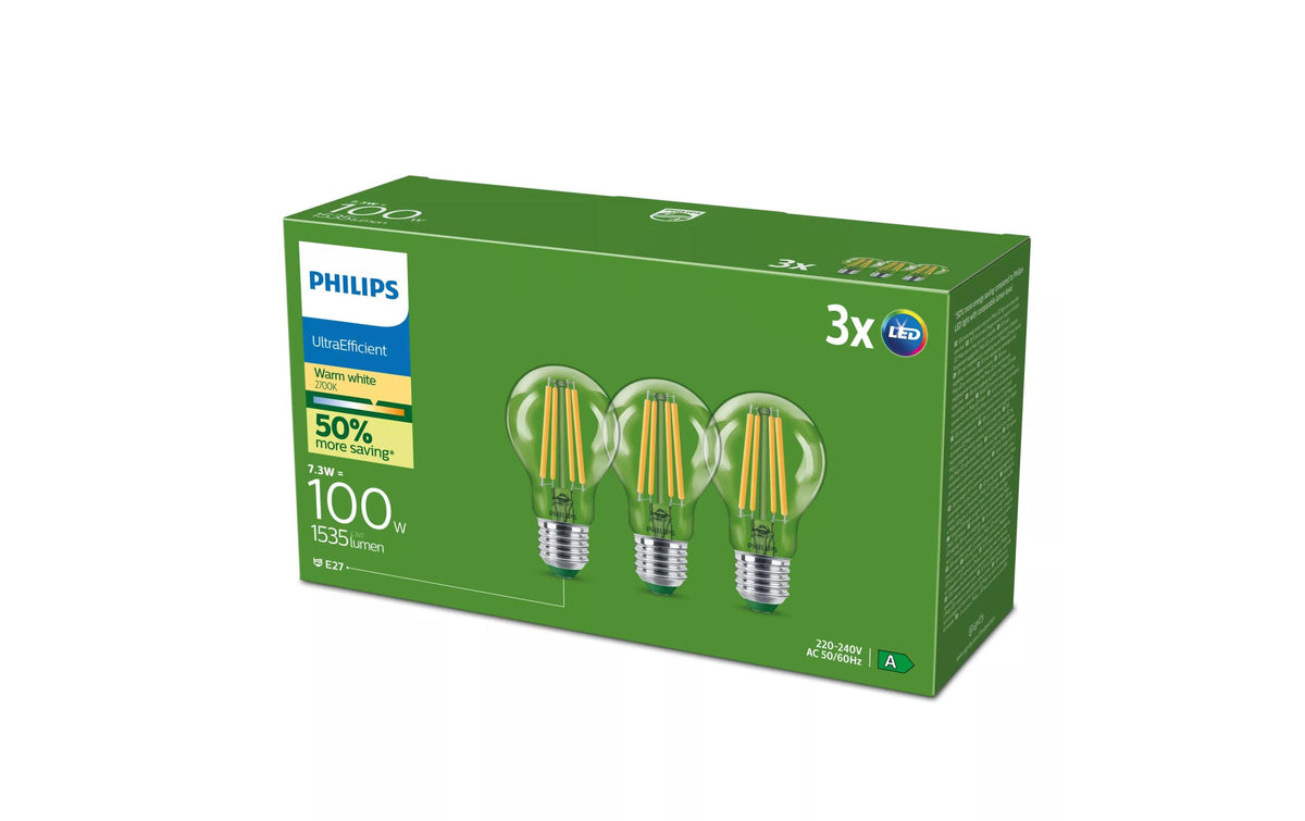 Philips by Signify Philips LED-Leuchtmittel E27 A60 – Warmweiss 2700 K, 1535 lm, 7,3 W – 3 Stk. – Klar, Glas