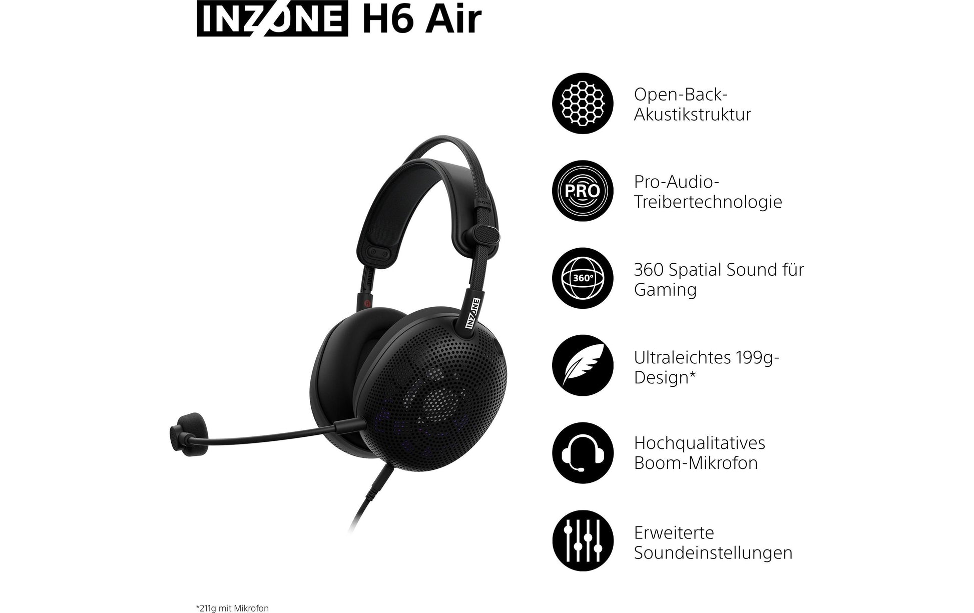 Sony INZONE H6 Air Gaming-Headset – Over-Ear, Stereo, 3,5 mm Klinke, BT, USB-C, für PC, PS5, Schwarz