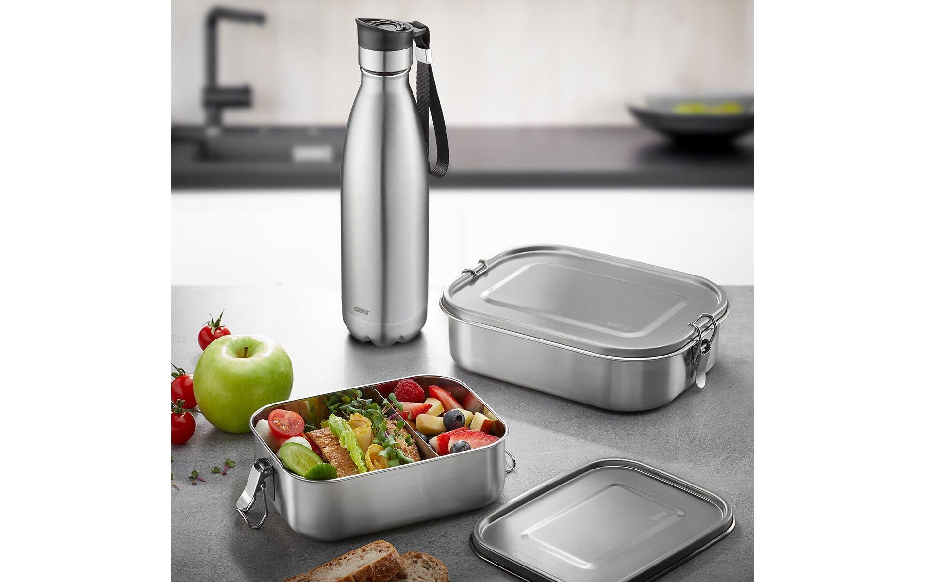 Gefu ENDURE – Lunchbox 1,4 l, 16,5 × 22 × 6,3 cm, Edelstahl/Silikon, Silber