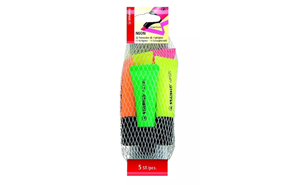STABILO Neon Textmarker – 5er Set, Farben: Grün/Orange/Pink …, Keilspitze 2–5 mm