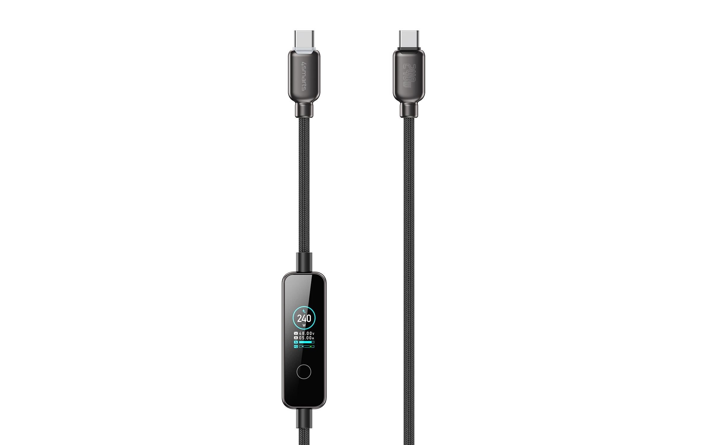 4smarts USB-C auf USB-C Kabel – USB 2.0 (480 Mbit/s) – 1,2 m – PD 240 W – Textilmantel – Schwarz