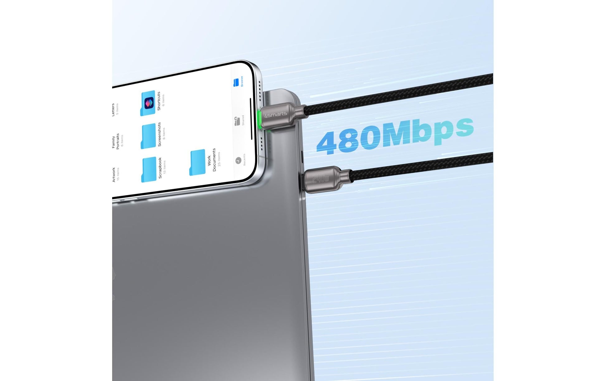 4smarts USB-C auf USB-C Kabel – USB 2.0 (480 Mbit/s) – 1,2 m – PD 240 W – Textilmantel – Schwarz