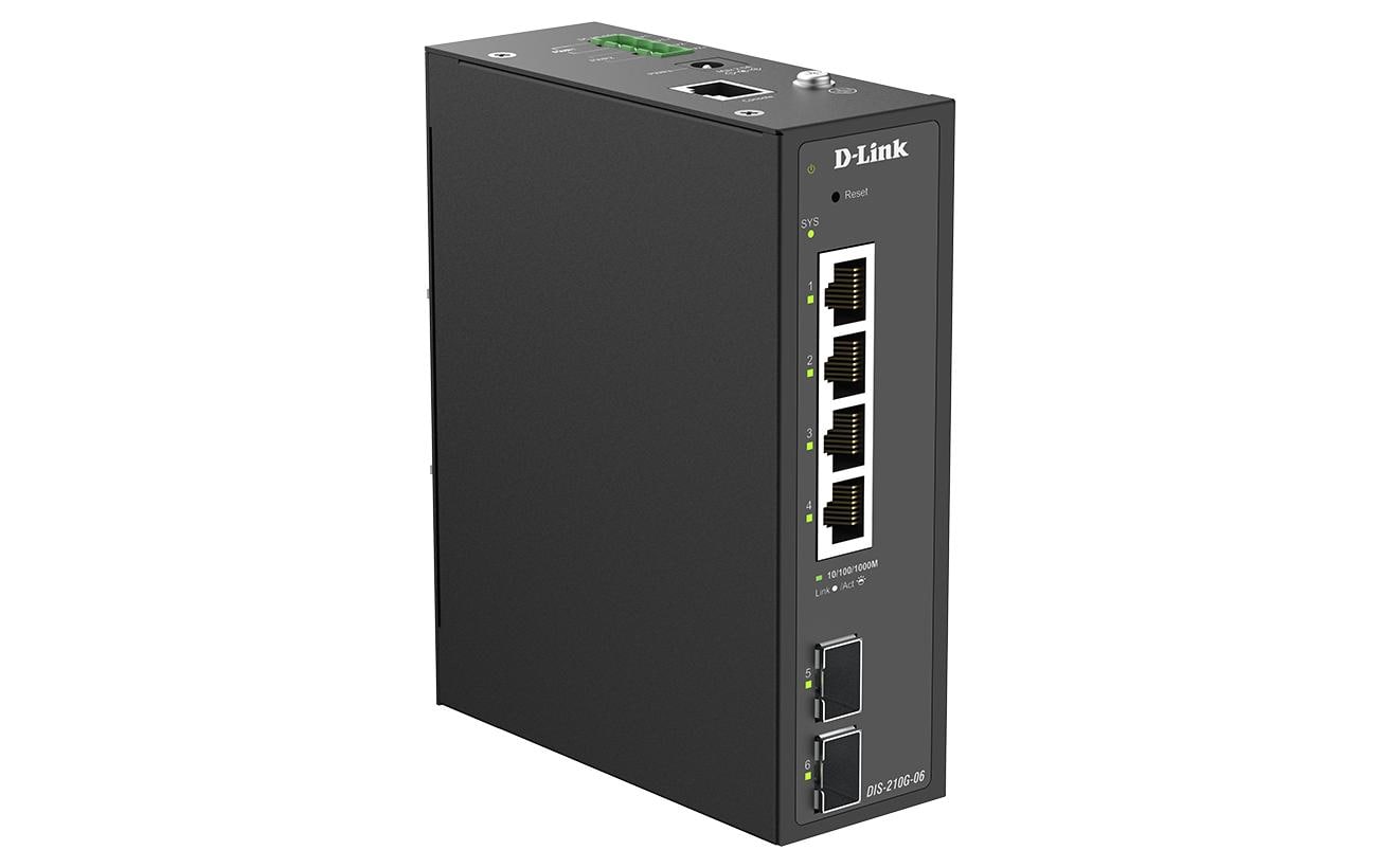 D-Link DIS-210G-06P – Verwalteter L2/L3 Switch – 4× 1G, 2× SFP, PoE+, PoE-Budget 120 W, Hutschiene