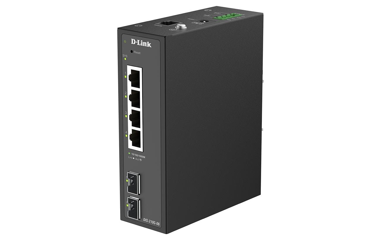 D-Link DIS-210G-06P – Verwalteter L2/L3 Switch – 4× 1G, 2× SFP, PoE+, PoE-Budget 120 W, Hutschiene
