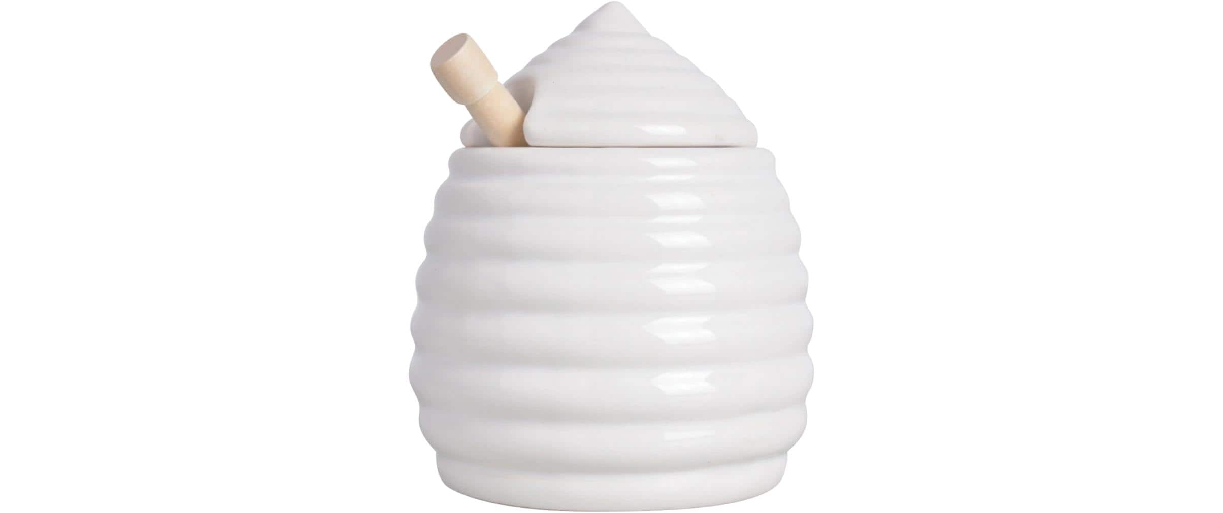 Esschert Design Honigtopf 400 ml, Ø 10,9 × 12,6 cm, Keramik/Ahornholz, Weiss, mit Honignehmer
