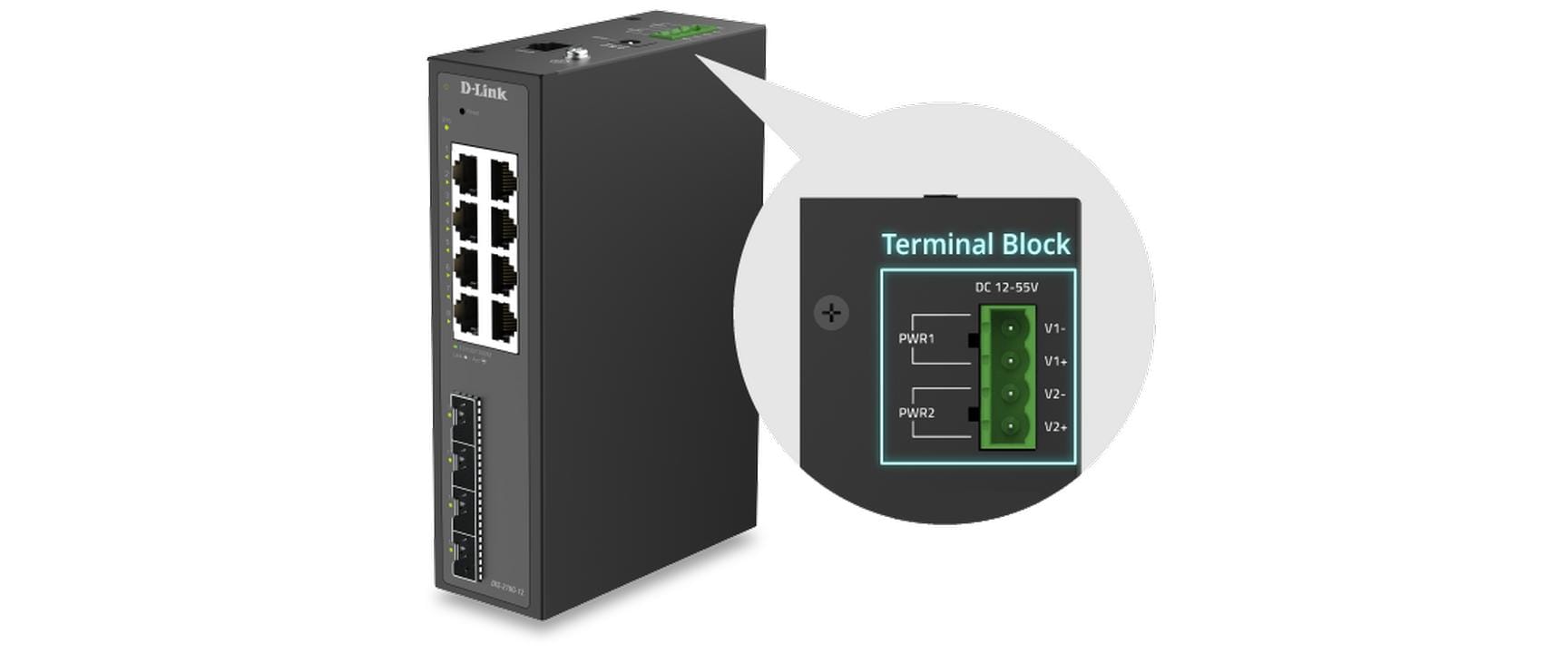 D-Link DIS-210G-12P – Managed L2/L3 Switch – 8× 1G, 4× SFP, PoE+, PoE-Budget 240 W, Hutschiene