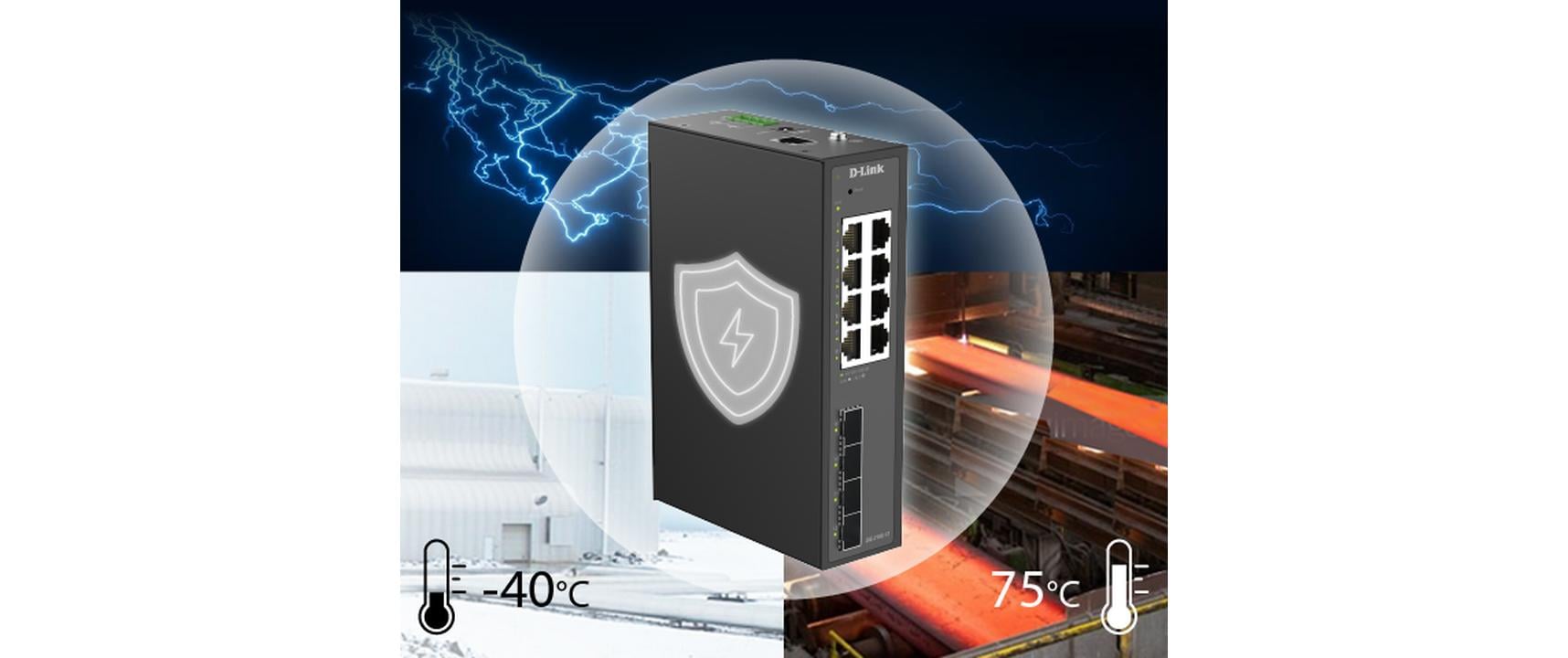 D-Link DIS-210G-12P – Managed L2/L3 Switch – 8× 1G, 4× SFP, PoE+, PoE-Budget 240 W, Hutschiene